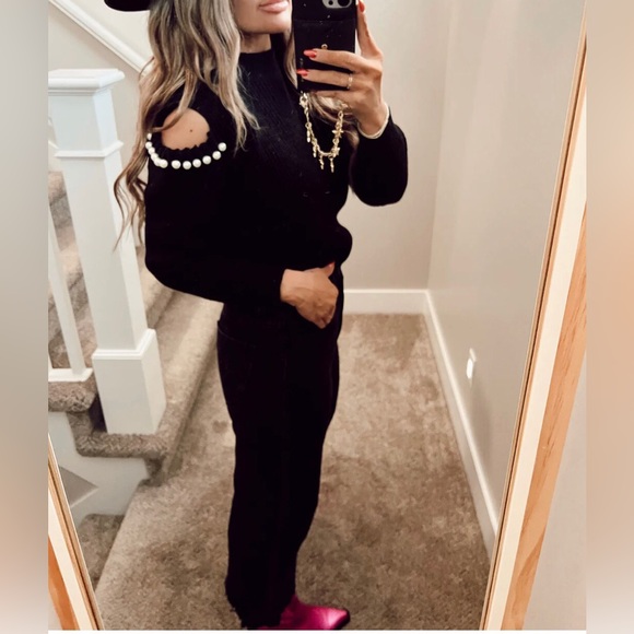 Soft Sweater Black Ribbed White Faux Pearls Cold Shoulder Aiblee S - Picture 1 of 14